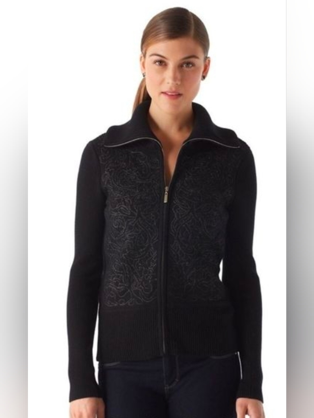 WHITEHOUSE BLACK MARKET Black Rhinestone Gold Stitch Zip Front Cardigan Size Xl